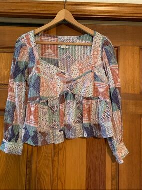 American Eagle Patchwork Print Long-Sleeve Peasant Top - Multicolor
